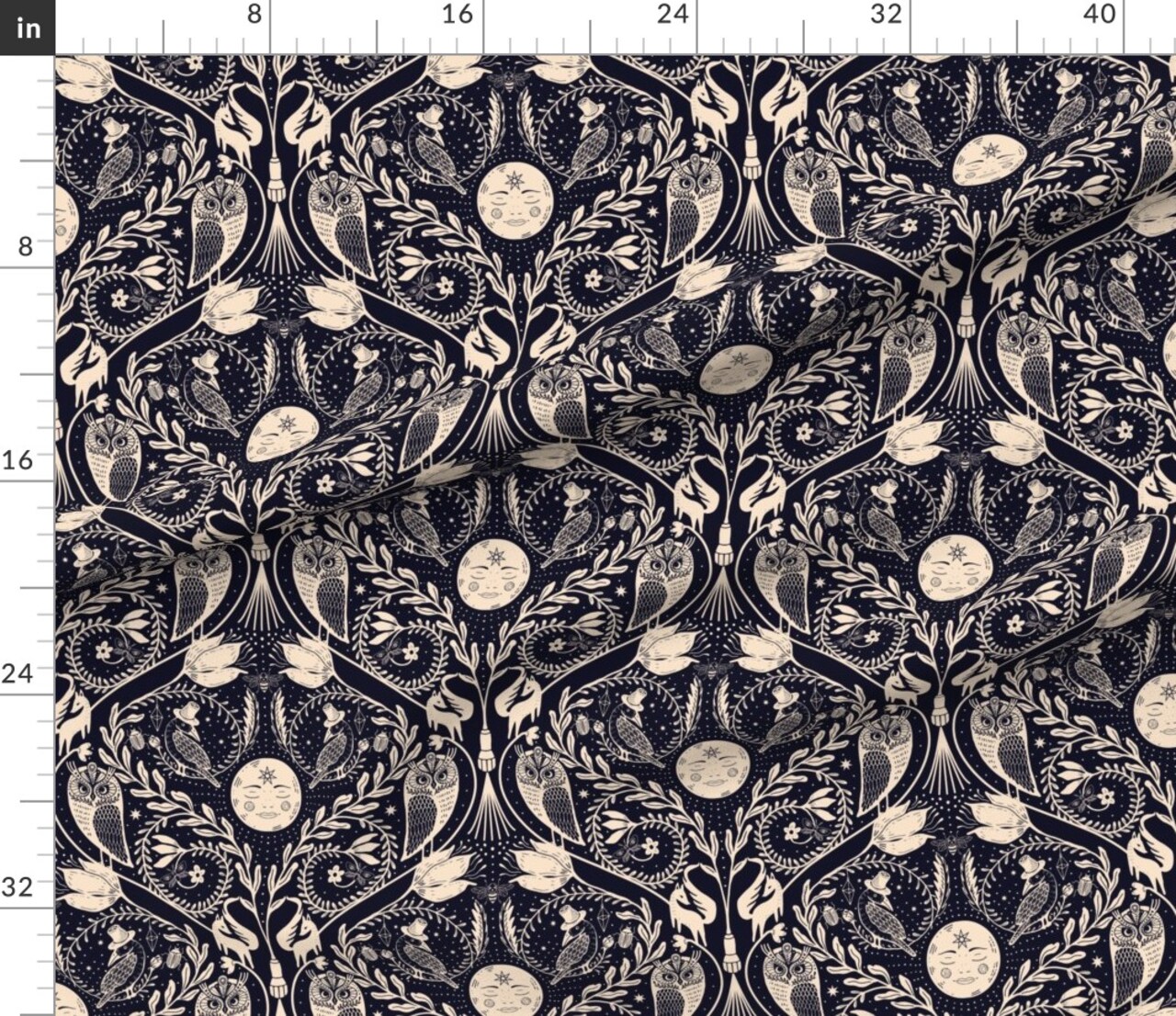 Various Fabrics by the Yard or Fat Quarter Celestial Damask Whimsical Gothic Moon Stars Night Sky Owl Raven Mystical Dark Custom Printed Fabric by Spoonflower